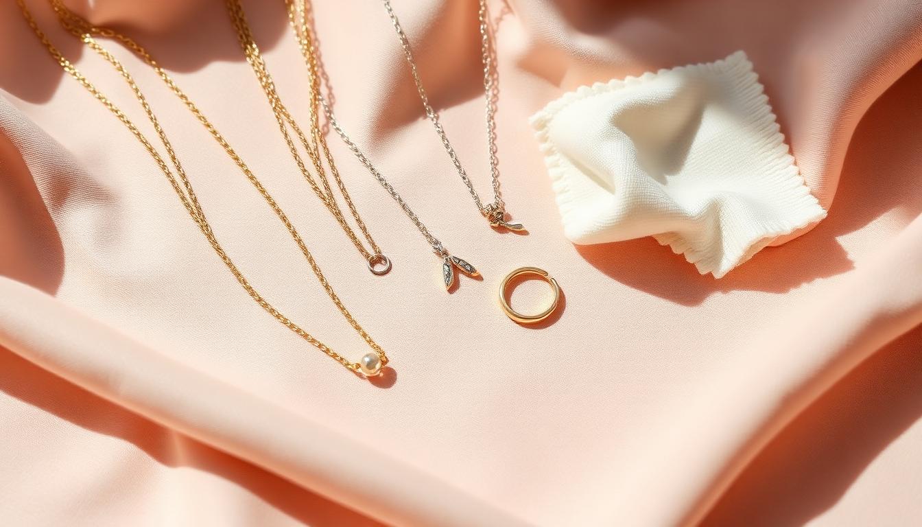 Jewelry care flat lay with gold necklaces and polishing cloth on blush linen