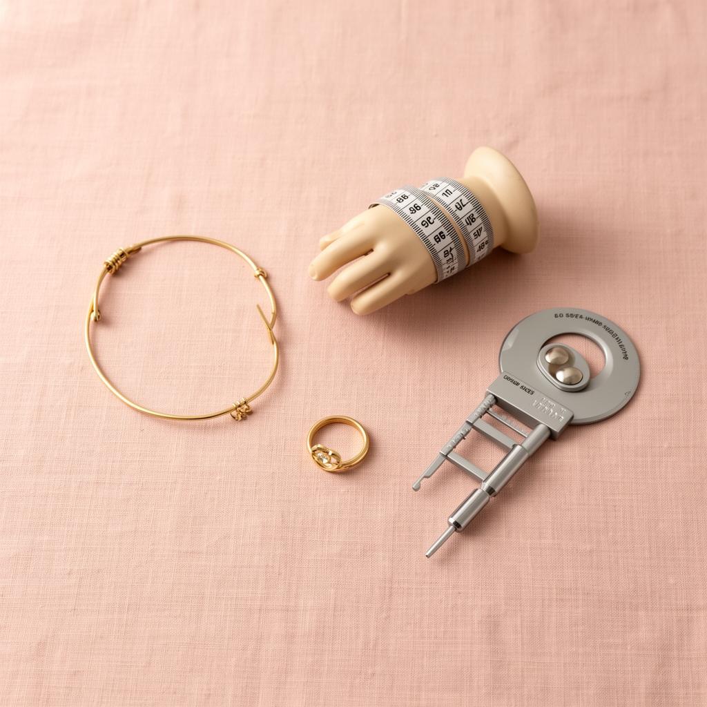 Jewelry sizing flat lay with bracelet, ring, and measuring tape